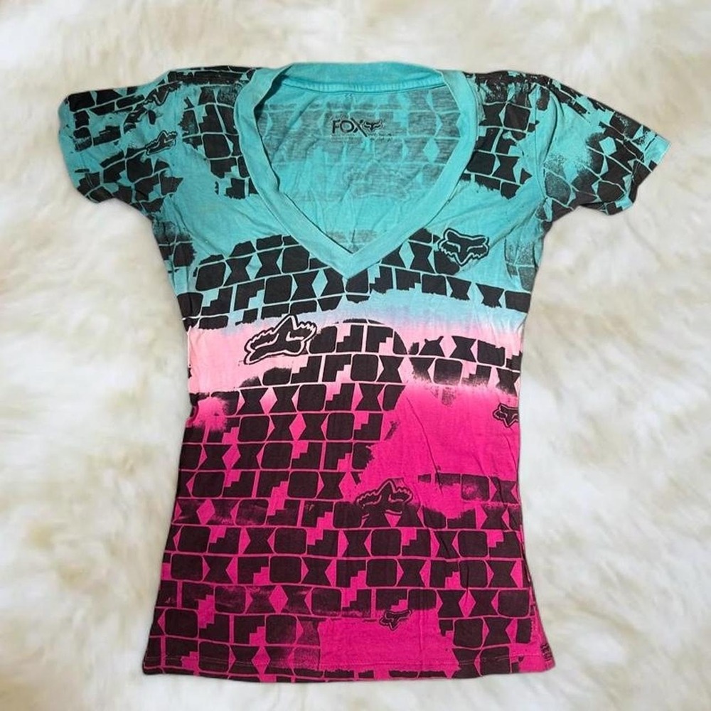 Fox Racing Womens Y2K Graphic V Neck Ombre T-Shirt Pink Blue Medium